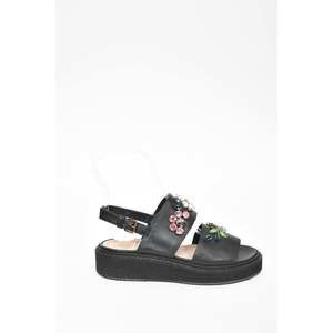 Lanvin Black Leather Flower Embellished Sandals Est. Size 9.5 (US)